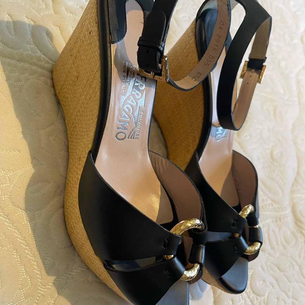 Salvatore Ferragamo Duccia Platform Wedged Leather Sandals In Black  61/2 C